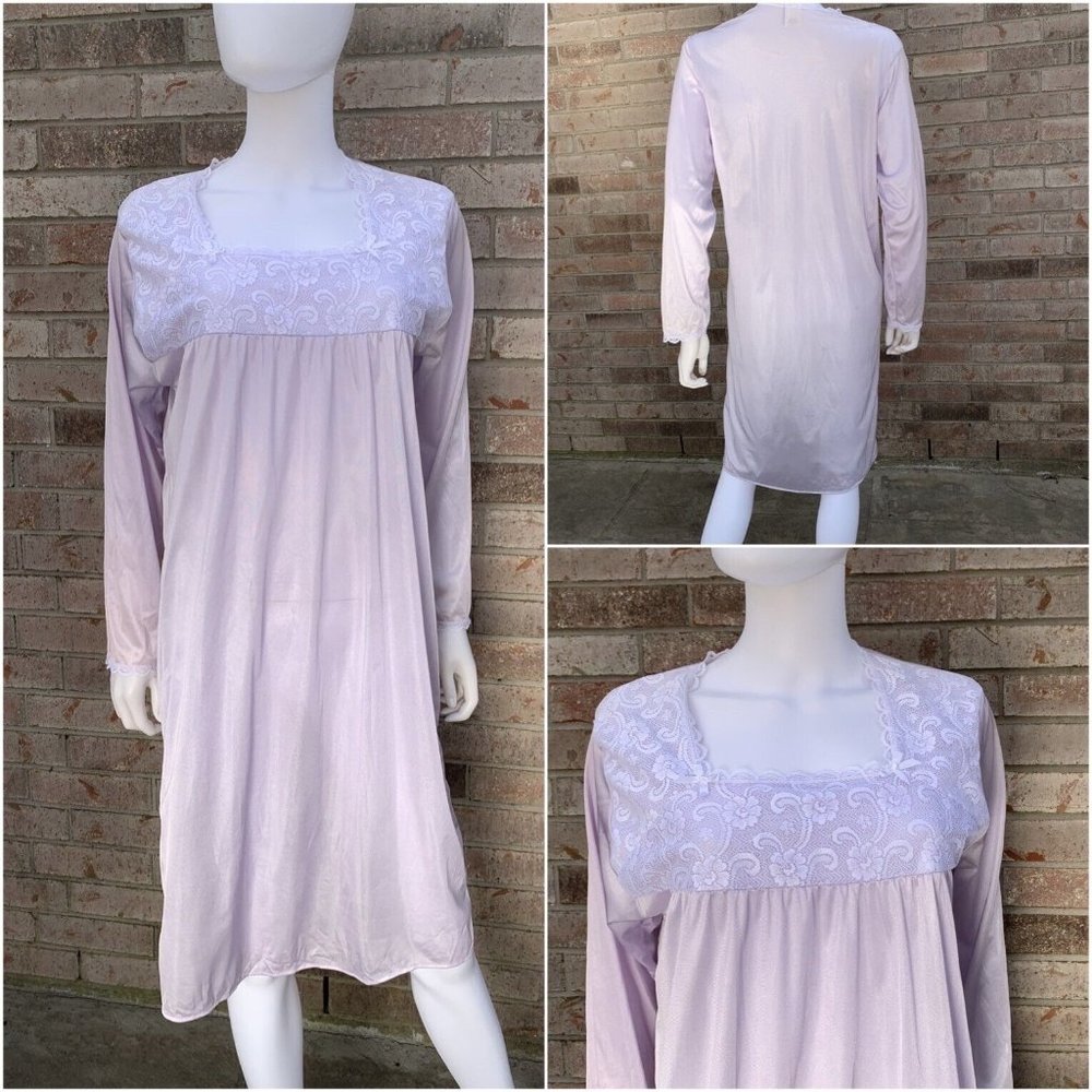M 42 Waist Shimmery Lilac Moonbeams Long Sleeve Modest Nightgown Nylon Lace Bows